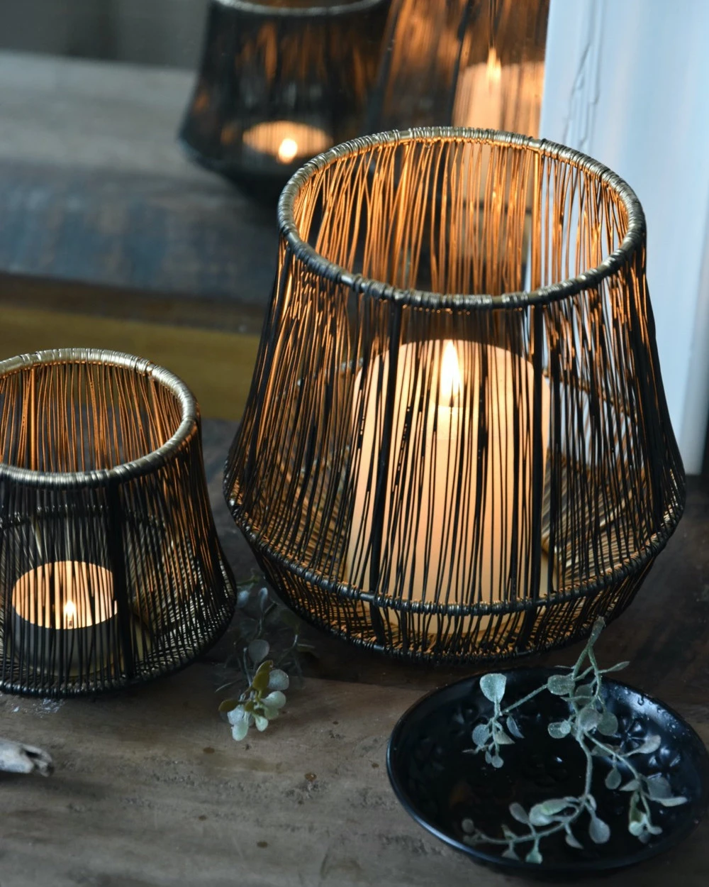 Metalen Draad Windlicht Zwart Goud Groot 3 Metalen Draad Windlicht Zwart Goud Groot