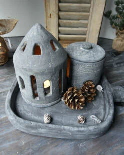 Theelicht Houder Huis Rond Vintage Grijs Groot, Brynxz